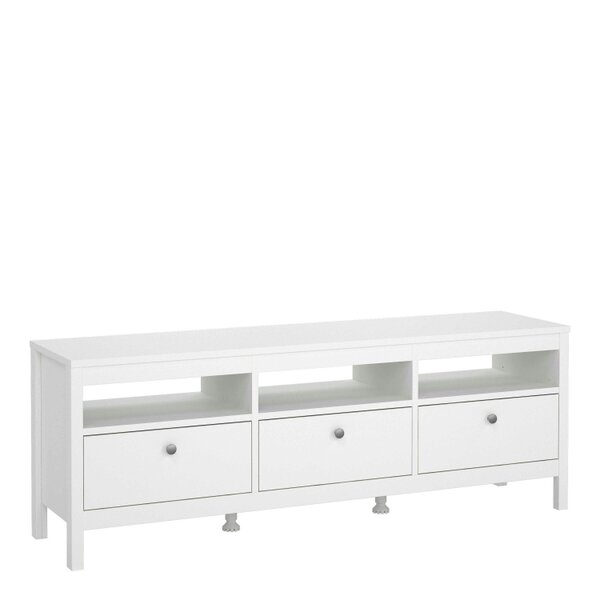 Wyld Haus Gossmere White Wooden TV Unit 3 Drawers Silver Handles