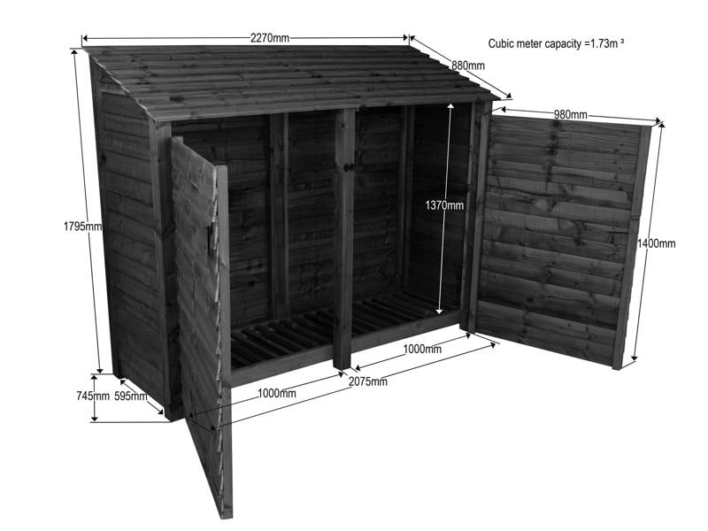 Arbor Garden Solutions Slatted Wooden Log Store with Doors W-227cm, H-126cm or 180cm, D-88cm - Brown Finish
