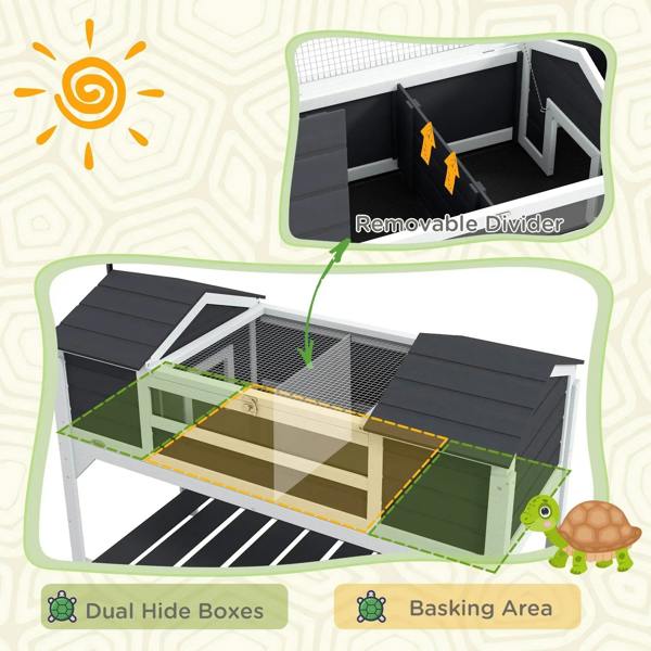 Tortoise enclosure interior with dual hide boxes, basking area, and removable divider