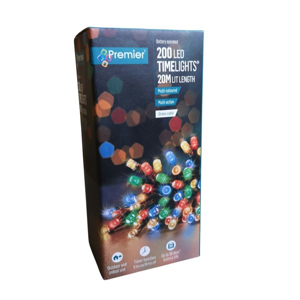 Samuel Alexander 200 LED 20m Premier Christmas Indoor Outdoor Multi Function Battery Operated String Lights with Timer in Multicoloured