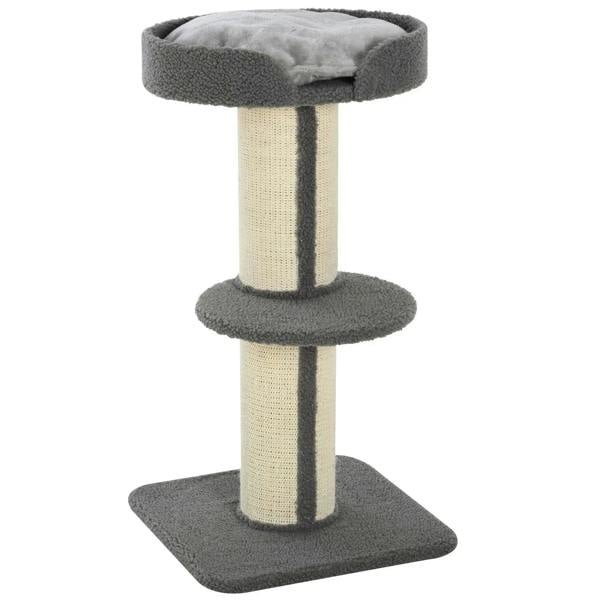 Grey cat tree with plush round bed, sisal posts, and stacked carpet platforms