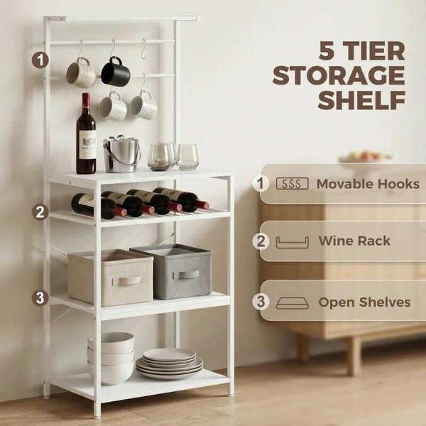 Freestanding Shelving Unit, Industrial Storage Shelf with 6 Hooks and Wine Rack for Living Room, Home Office, White
