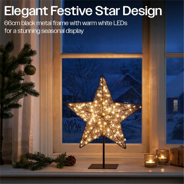 Scotts of Stow Xmas Haus Black Metal LED Christmas Star with Stand, 100 Warm White LEDs, 5m Cable