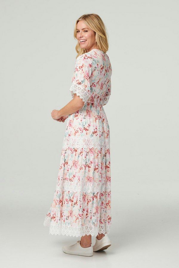 White | Floral  Lace Detail Maxi Dress
