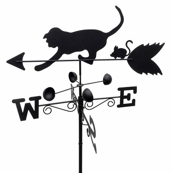The Garden Marketplace Cat & Mouse Steel Weathervane, Black Painted All-Steel Weather Vane With Wall Fixings and 1.7m Ground Spike, Wind Speed Cups