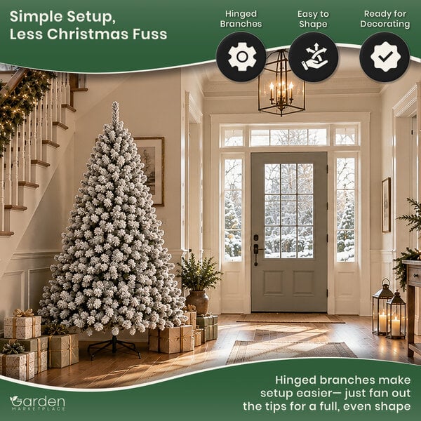 Flocked Woodcote Spruce Artificial Christmas Tree with Snow, 2.1m (7ft) Tall, 1072 Tips, Hinged Branches, 127cm Diameter, Metal Stand Included