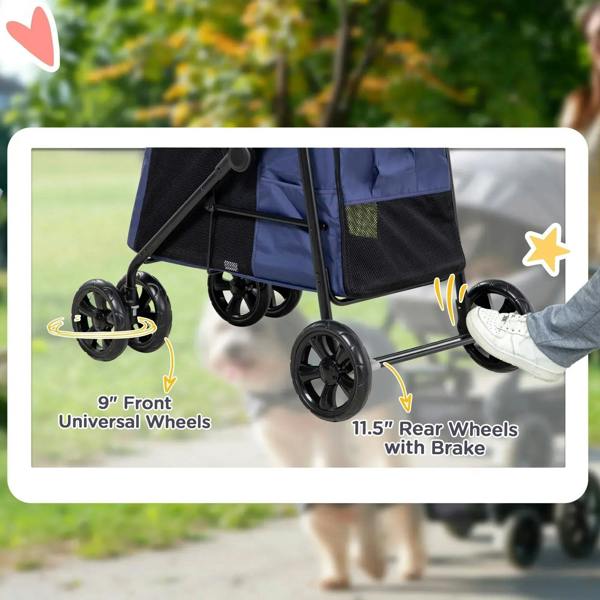 Dark blue 4-wheel pet stroller with front swivel wheels and rear brakes