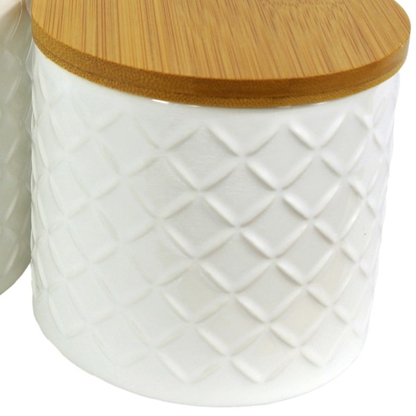 Leaf Set of Two Ceramic Jars Embossed Cream Canisters with Lids