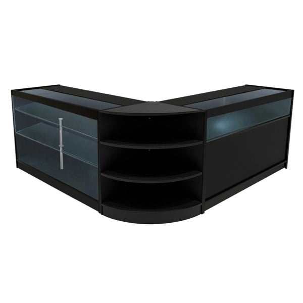 Black Demeter LED Shop Counter Set featuring sleek glass displays, curved design, and multiple shelving options for retail use