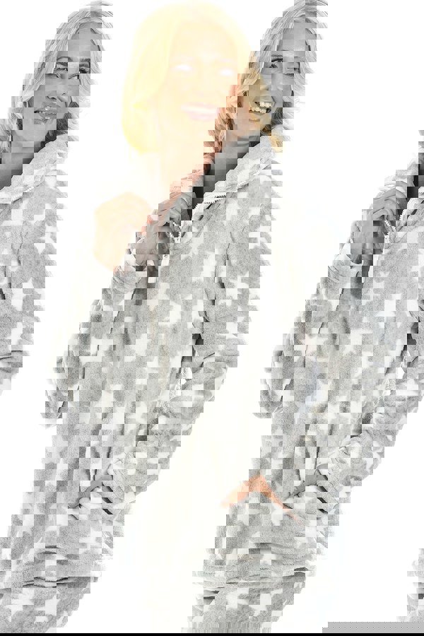 Camille Womens Supersoft Fleece Grey Star Print Pyjama Set