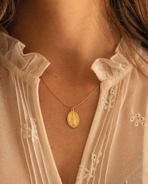 Dainty 14K Gold Virgin Mary Miraculous Medal Choker Necklace - Necklaces - Elk & Bloom