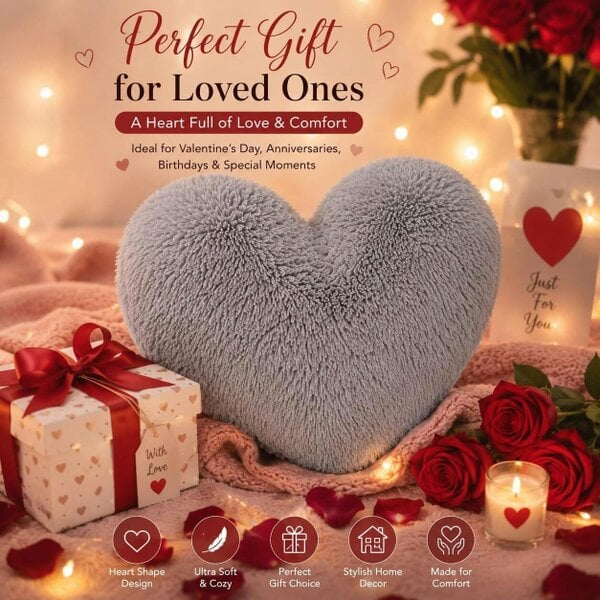 Night Zone Teddy Cuddles Heart Shape Cushion – Soft Teddy Fleece Filled Decorative Cushion - Silver