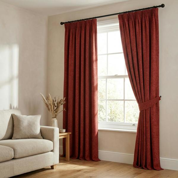 Toulouse made-to-measure curtains in Carmine, styled in a living room