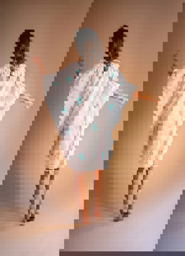 Mykonos Embroidered White Kaftan with Turquoise