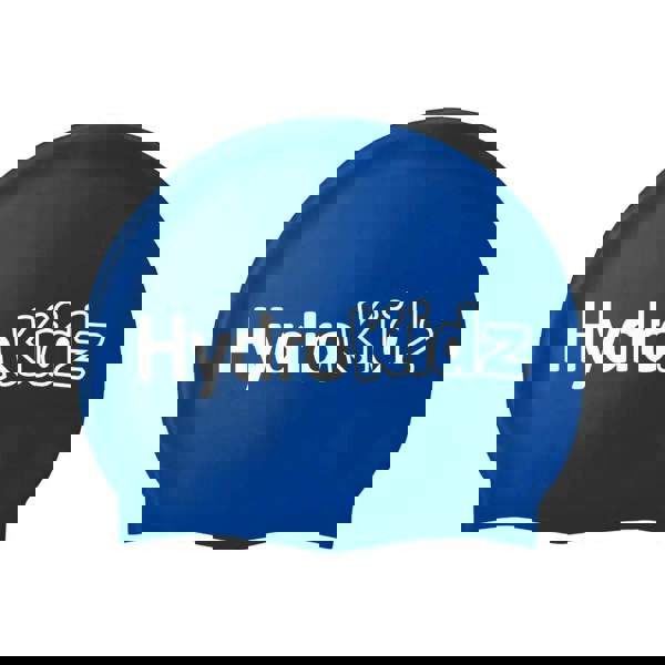 Blue HydroKidz swim cap with white logo, high quality silicone material