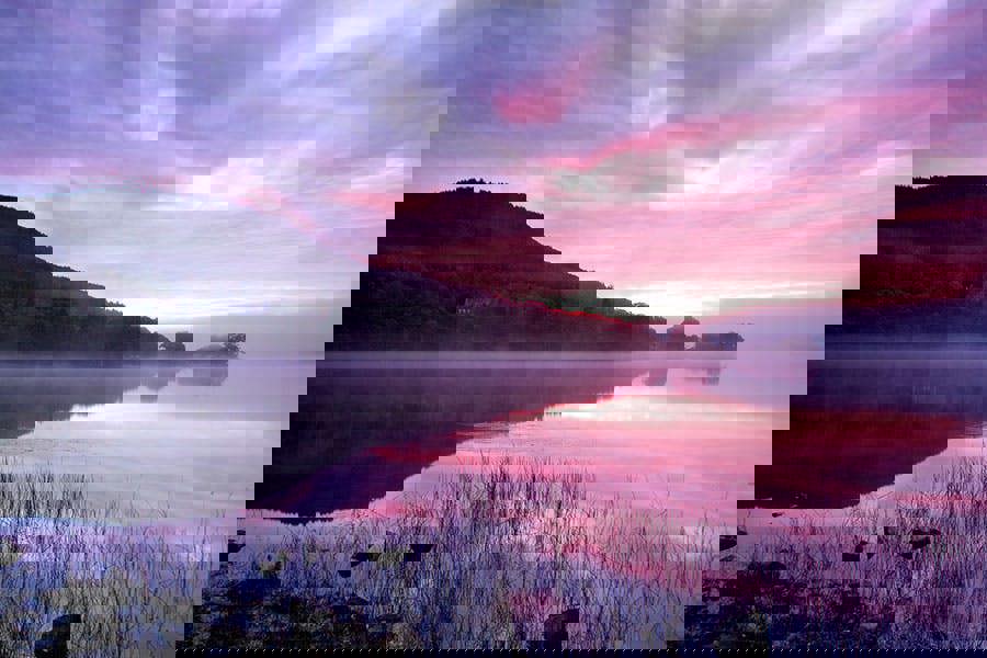 lake with pink sunrise print on canvas