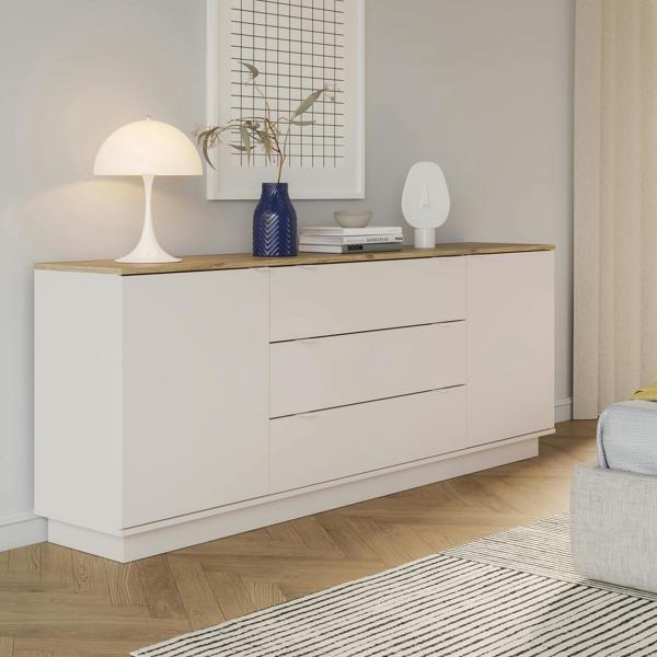 Furniture To Go Ganymede Large Sideboard with 3 Drawers & 2 Doors in Mauvella Oak and Sand