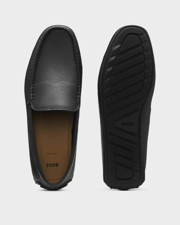 BOSS Orange Noel Mens Tumbled-Leather Loafers with Driver Sole - Black 001