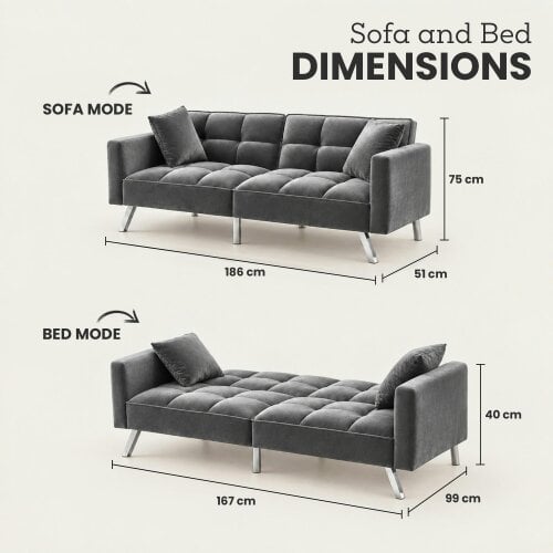 Kosy Koala Sofa Bed 2 Seater Grey Velvet Click Clack Sofa Settee Recliner Couch with Metal Legs Living Room Furniture