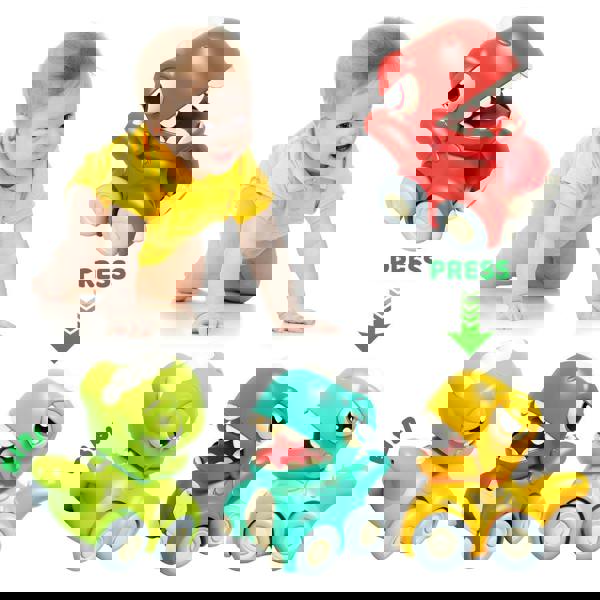 deAO Push & Go Dinosaur Car Toy Set - 4PCS Mini Pull-Back Dino Vehicles for Toddlers Ages 3+