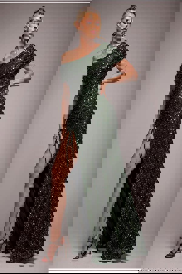 Off The Shoulder Sequin Cowl Drawstring Maxi Dress - Olive Green DR4824