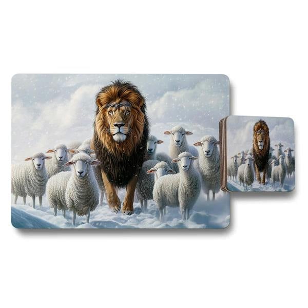 Benjamin Tate Design Lion Leading Sheep Placemats And Coaster Set In Snowy Winter Scene