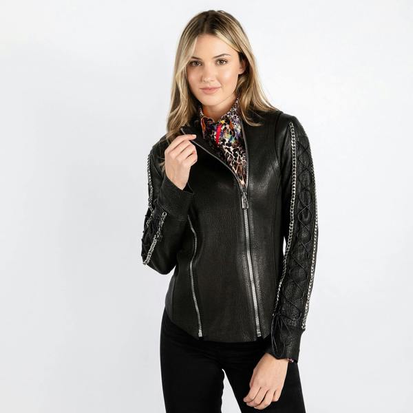 WOMENS FITTED LEATHER JACKET WITH CHAINS – Premium Men's Patterned Shirt by Claudio Lugli | Bold Design, Tailored Fit, Best Printed Shirts