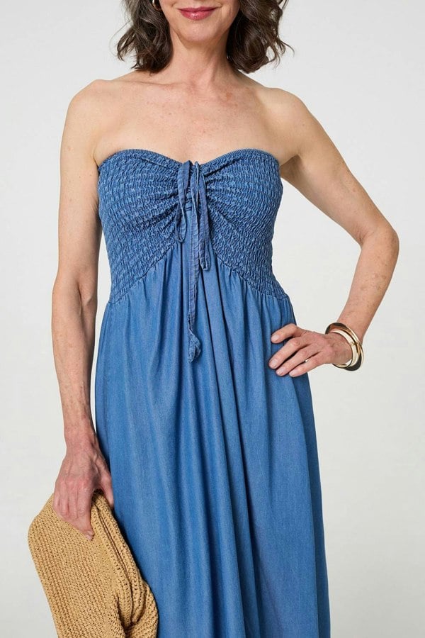 Blue | Strapless Shirred Frill Hem Maxi Dress
