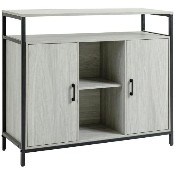 Light grey sideboard storage cabinet with black frame, two doors, and open center shelf