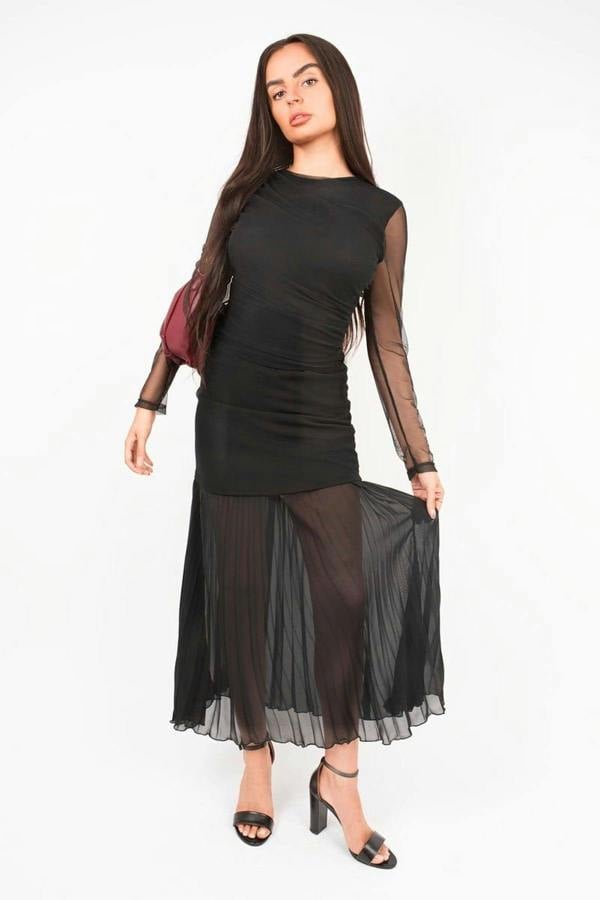Maelys Mesh Long Sleeve Ruched Longline Top - Black