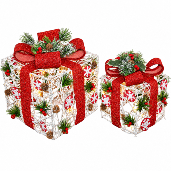 Set of 2 Light-Up White Rattan Christmas Parcels with Red Bows, 25 White LED Lights, Battery Powered Festive Decoration