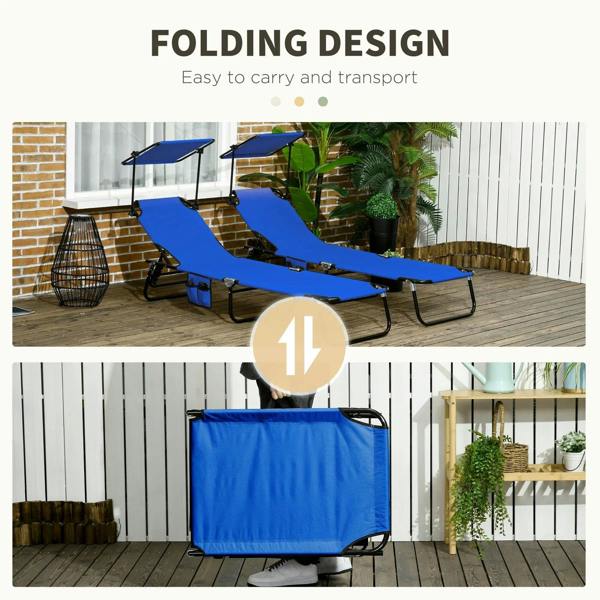 Set of two blue folding sun loungers with adjustable backs and removable canopies