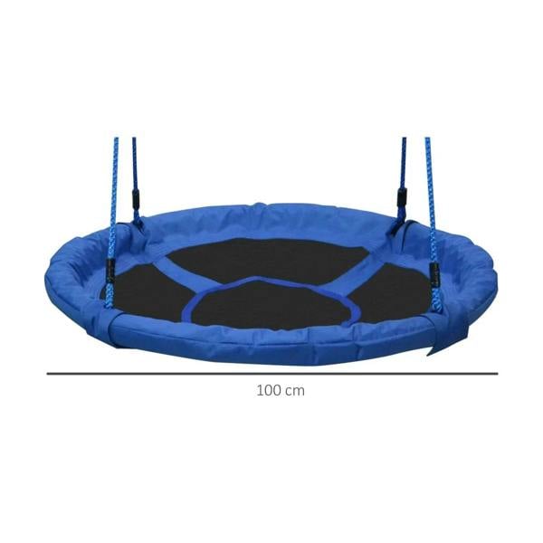 Blue round hanging swing seat with black interior panel and hanging ropes, 100 cm