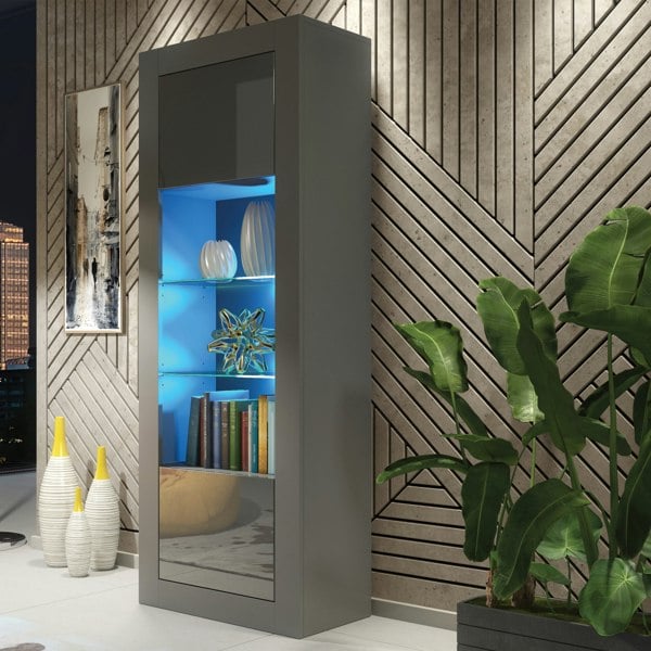 Mex Furniture Charming Modern Display Cabinet 170cm with Free LED – Dark Grey High Gloss Doors