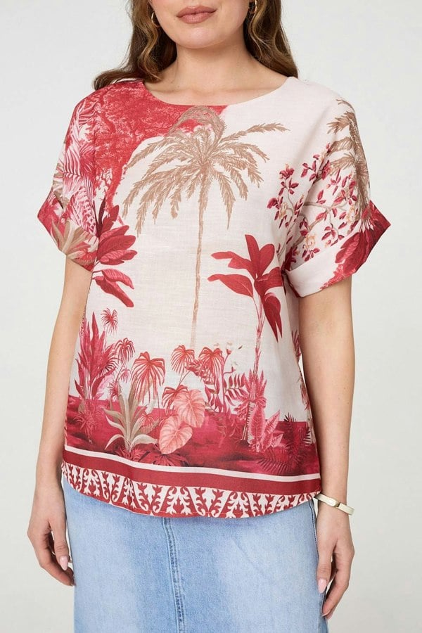 Red | Tropical Print 1/2 Sleeve Relaxed Top
