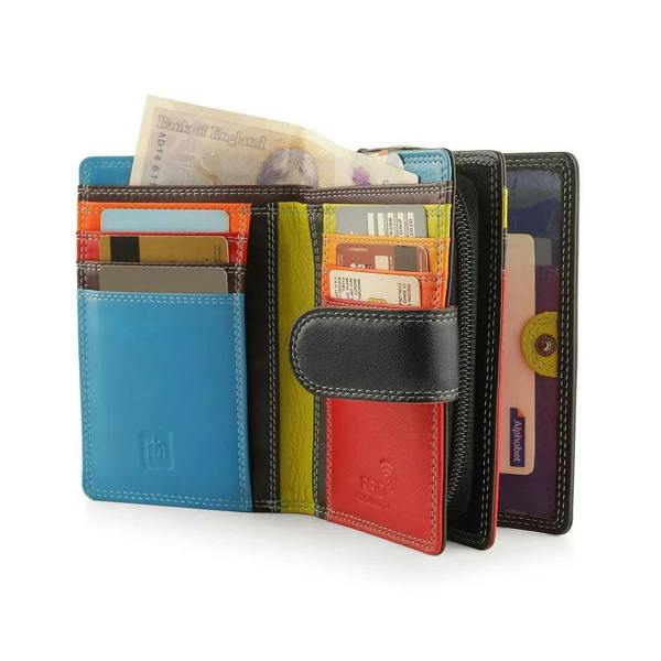 Interior of medium  leather purse showing organised card slots and note compartment