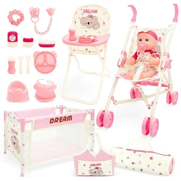 deAO Toys 24-Piece Baby Doll Care Playset – Includes Stroller, High Chair, Travel Cot, Feeding Accessories & Realistic Doll for Kids 3+