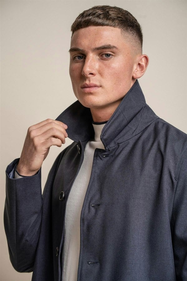 Brando mac navy long coat front detail