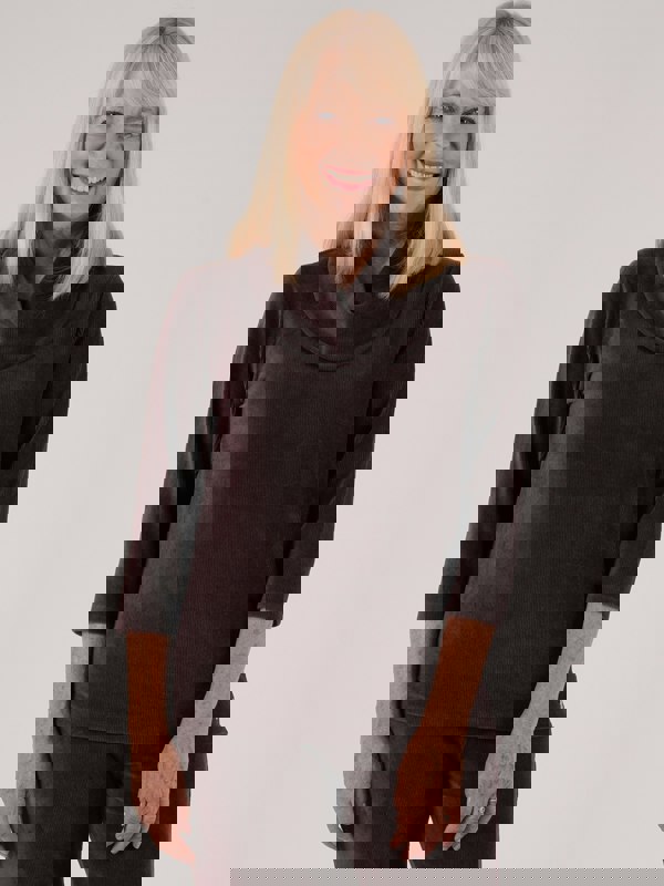 PennyPlain Ribbed Velour Cowl Neck Top - Dark Latte