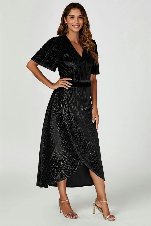 FS Collection Gold Foil Velvet Wrap Maxi Dress In Black