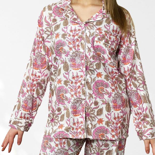 Hayley & Co Block Print Floral 100% Cotton Long Pyjama Set in White and Pink