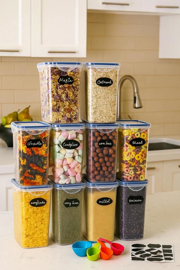 Dragodirect 10 Pcs 2L Airtight Food Dry Grain Cereal Storage Container with Labels & Marker Sets Kitchen Utensils Meal Prep Box with Leakproof Lid