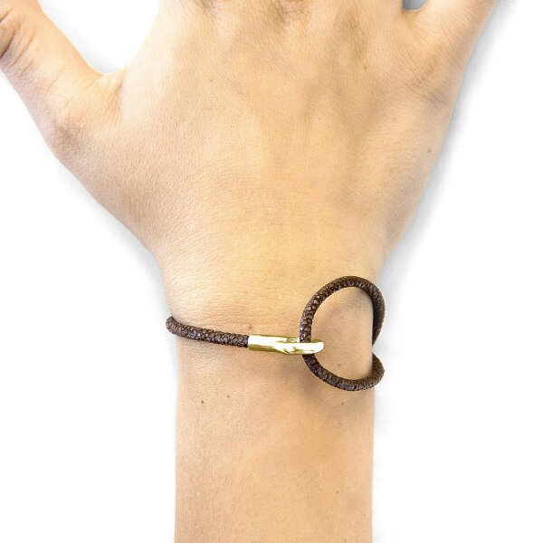 Anchor & Crew Mocha Brown Blake 9ct Yellow Gold and Stingray Leather Bracelet