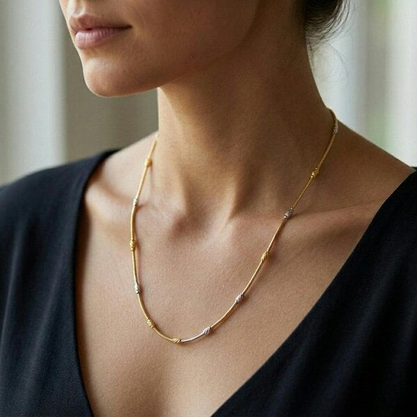 The Colourful Aura 18ct Gold Plated Dual Tone Textured Bead Snake Chain Necklace 17 Inch
