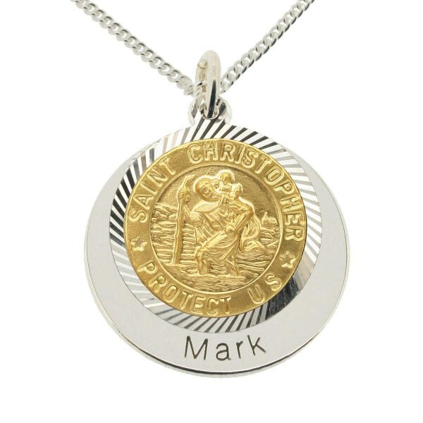 Christopher James of London Yellow Gold Plated & Sterling Silver Personalised Round St Christopher With Travellers Prayer