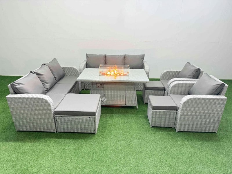 Fimous PE Rattan High Back Lounge Sofa Set Patio Fire Pit Dining Table & Chairs Set with 3 Seater Sofa Reclining Chair 3 Stools Light Grey