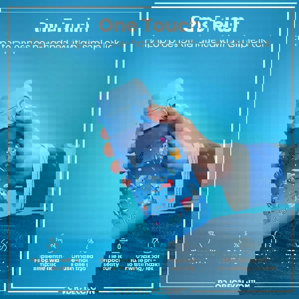 A child's water bottle, featuring a flip top, is being held; a hand operates the one-handed opening mechanism. The bottle's design includes a cartoon ocean theme against a blue background. The text reads: "One Touch", "Flip top opens one-handed with a simple click", "Flips open with a simple click", "One-handed use on the go", "Triple lock security", "100% leak proof - no twisting, no leaks", and "POD RECYCLON™".