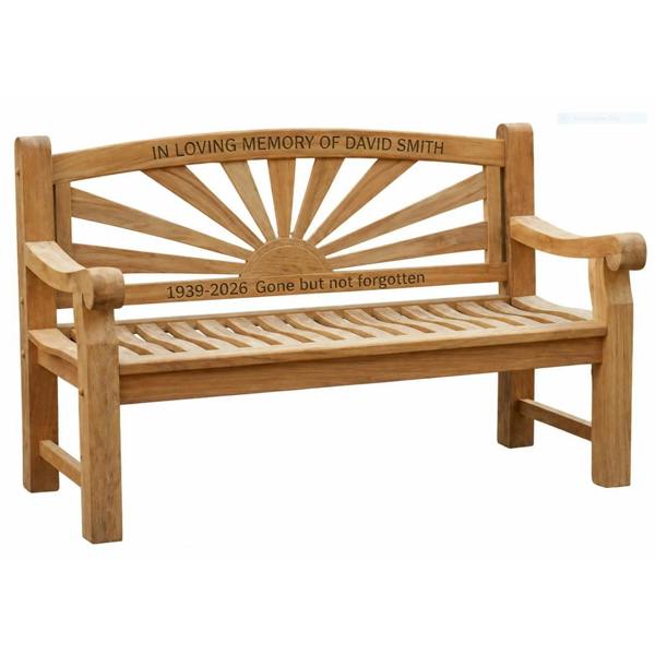 Memorials Direct Premium Chunky Teak Sunrise Memorial Bench, Add Your Personal Engraving