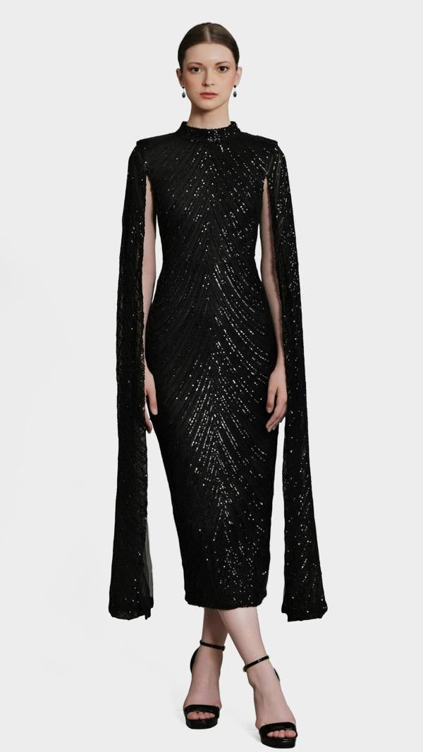 LuvForever Erinna - Black Cape Sleeve Sequin Midi Dress