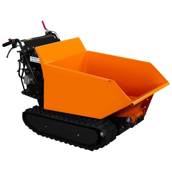 Tracked mini dumper petrol tipper with a bright orange steel body, rubber tracks, and a large, open cargo bed for easy loading
